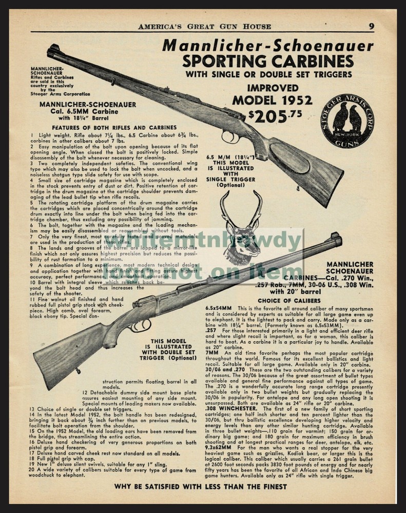 1955 MANNLICHER-SCHOENAUER 1952 Single or Double Trigger Carbine PRINT AD