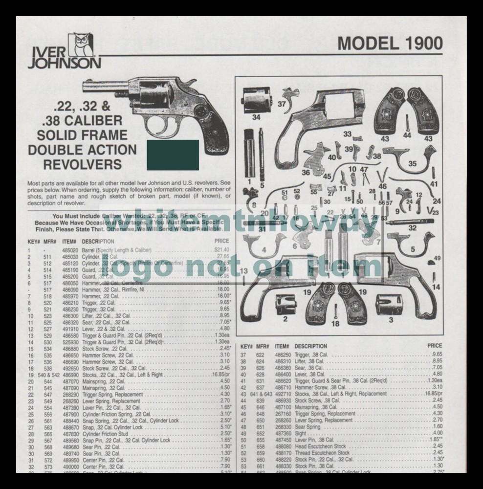 1999 IVER JOHNSON Model 1900  ,22, .38 Solid Frame DA Revolver Parts List